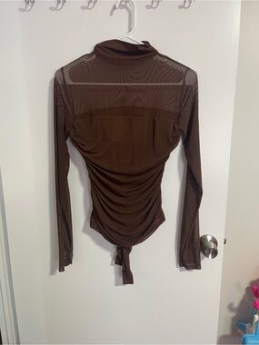 Brown Sheer Ruched Long-Sleeve Snap Closure Bodysuit